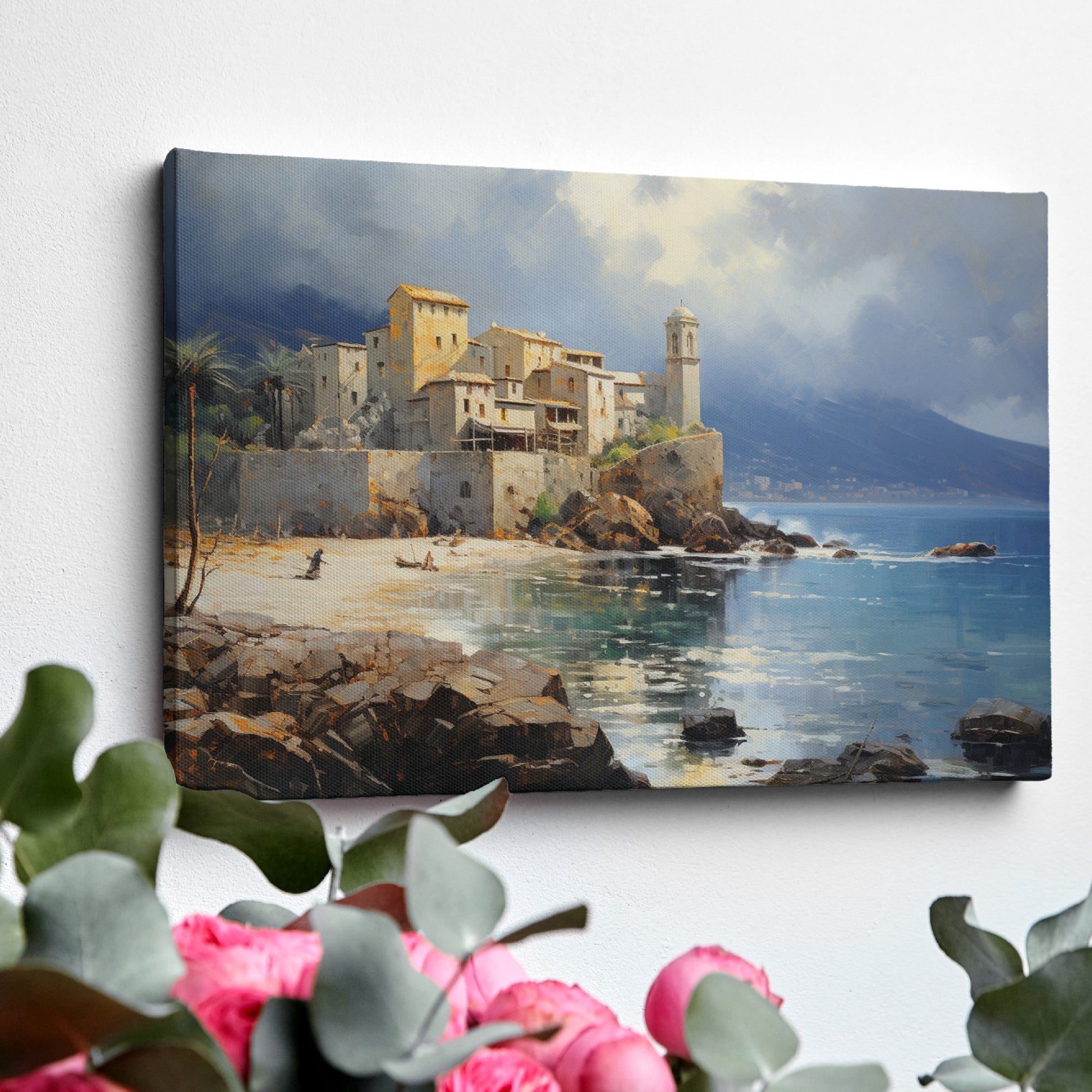 Framed canvas print of a Mediterranean coastal scene with historic buildings and calm blue waters