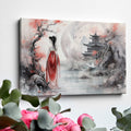 Framed canvas print of an Oriental landscape with a lady in red, cherry blossoms, and a traditional pagoda