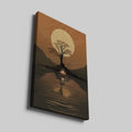 Framed canvas print of African sunset with large sun, tree silhouette, and candle reflection