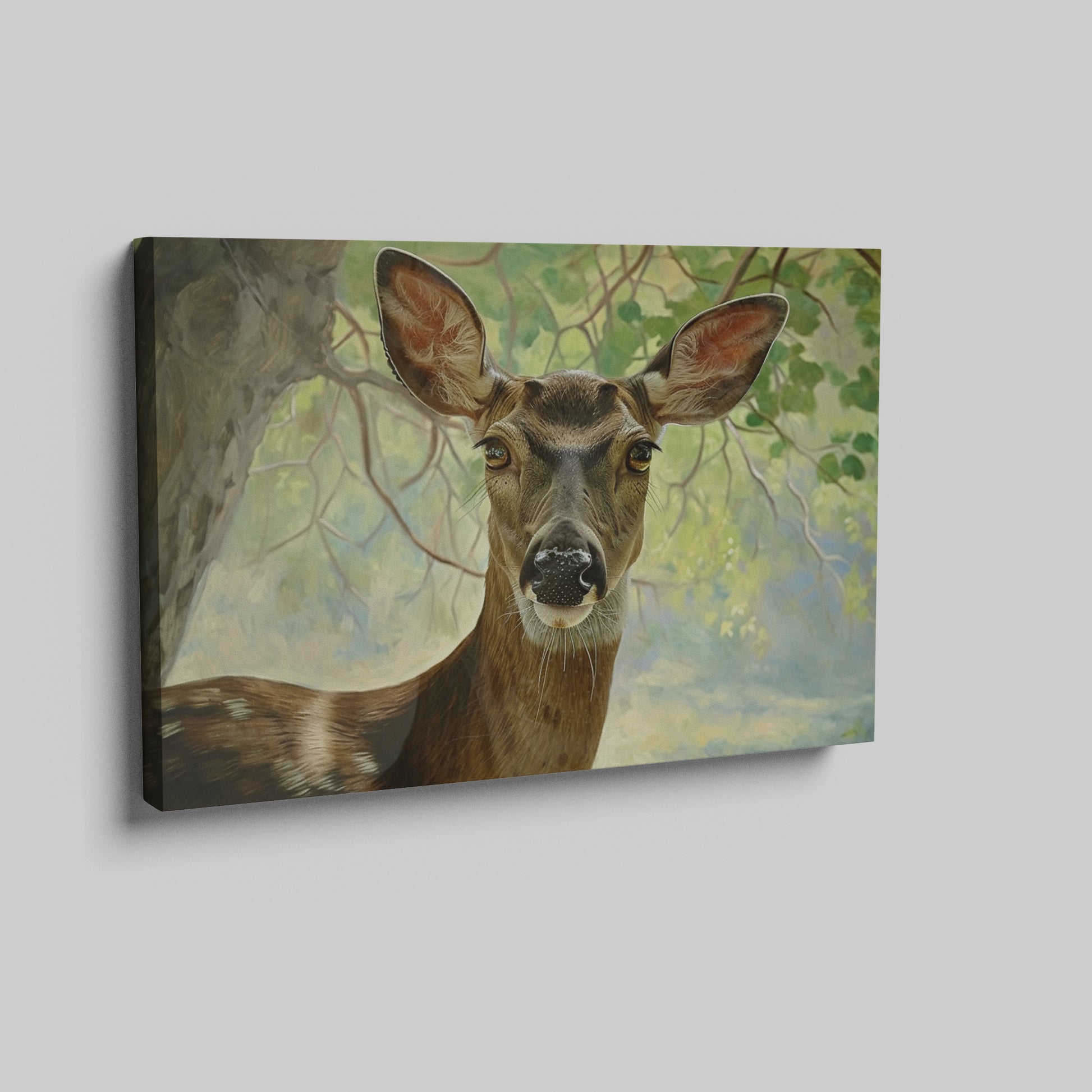 Framed canvas print of a detailed and serene deer portrait with a woodland backdrop in natural tones