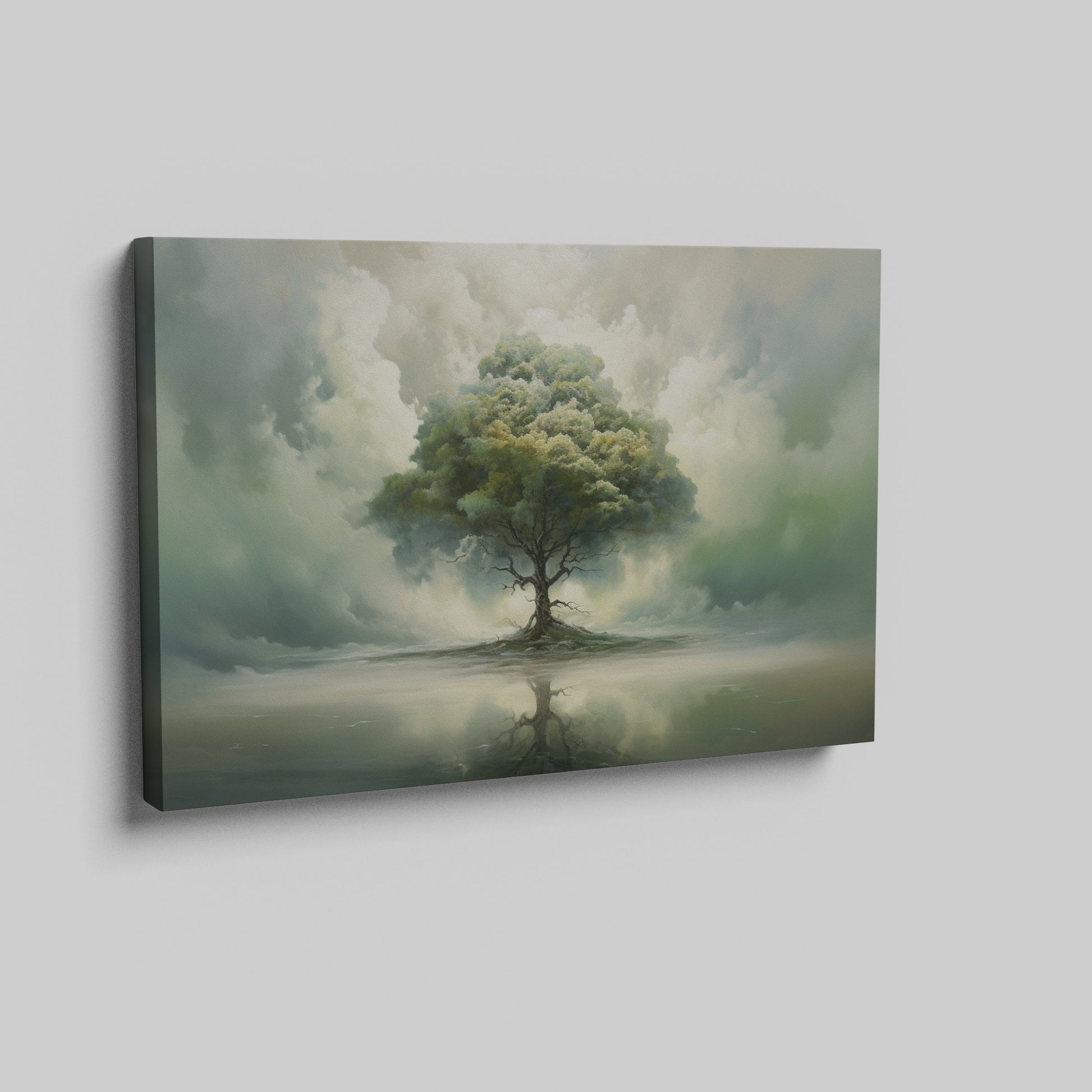 Framed canvas print of a serene landscape with a solitary tree and its reflection amidst ethereal clouds