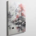 Framed canvas print of traditional Oriental landscape with misty mountains, a serene lake, and red foliage