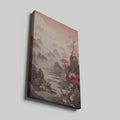 Framed canvas print of Oriental landscape with cherry blossoms and misty mountains