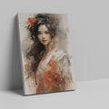 Abstract-impressionist portrait of a woman with brown hair and red accents on a canvas