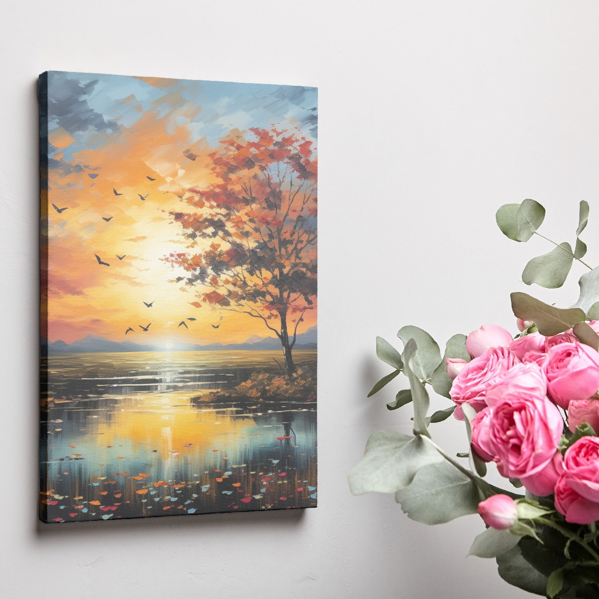 Framed canvas print of a picturesque autumnal sunset with vibrant orange sky and tree reflections on the water