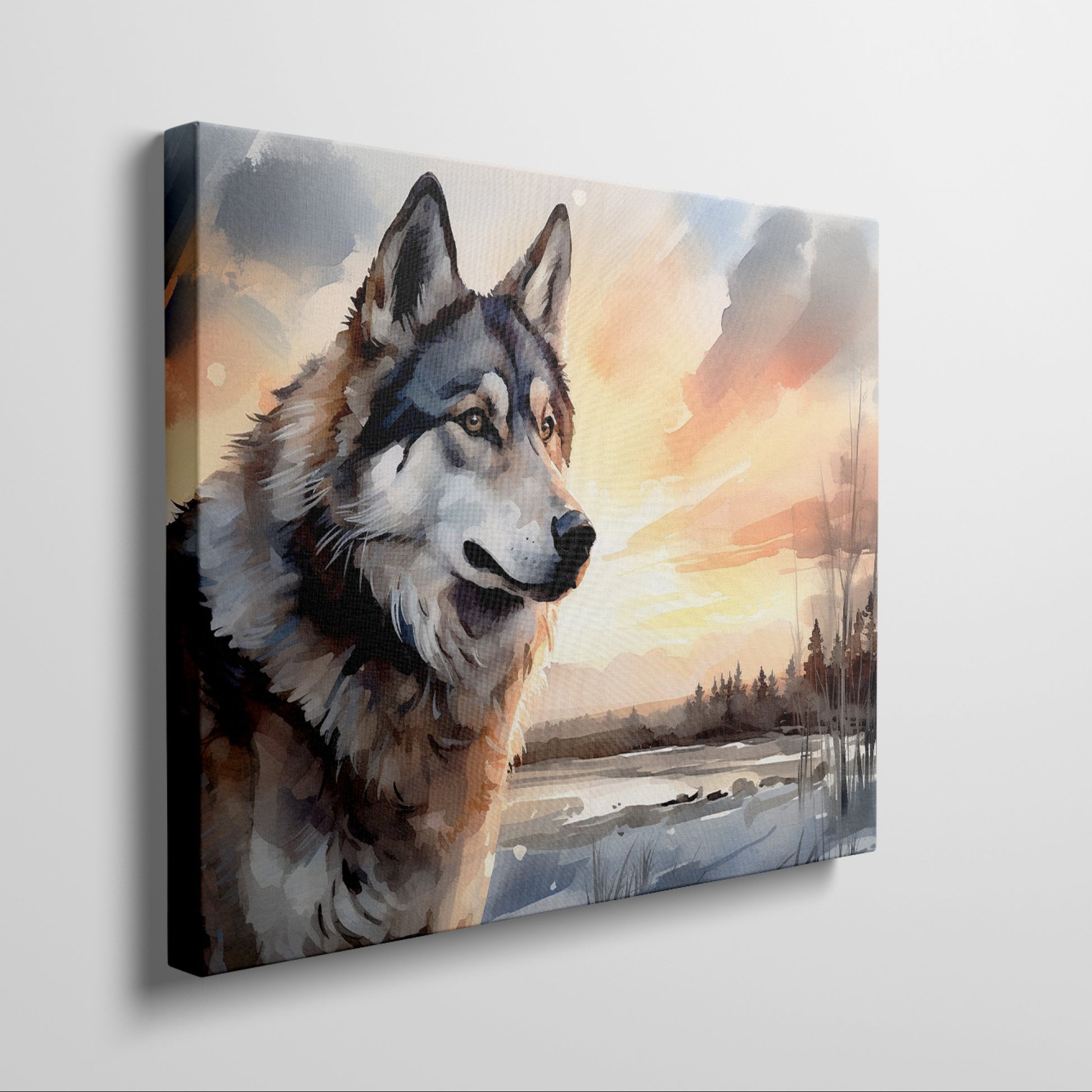 Framed canvas print of a majestic wolf in a sunset landscape with vibrant colours