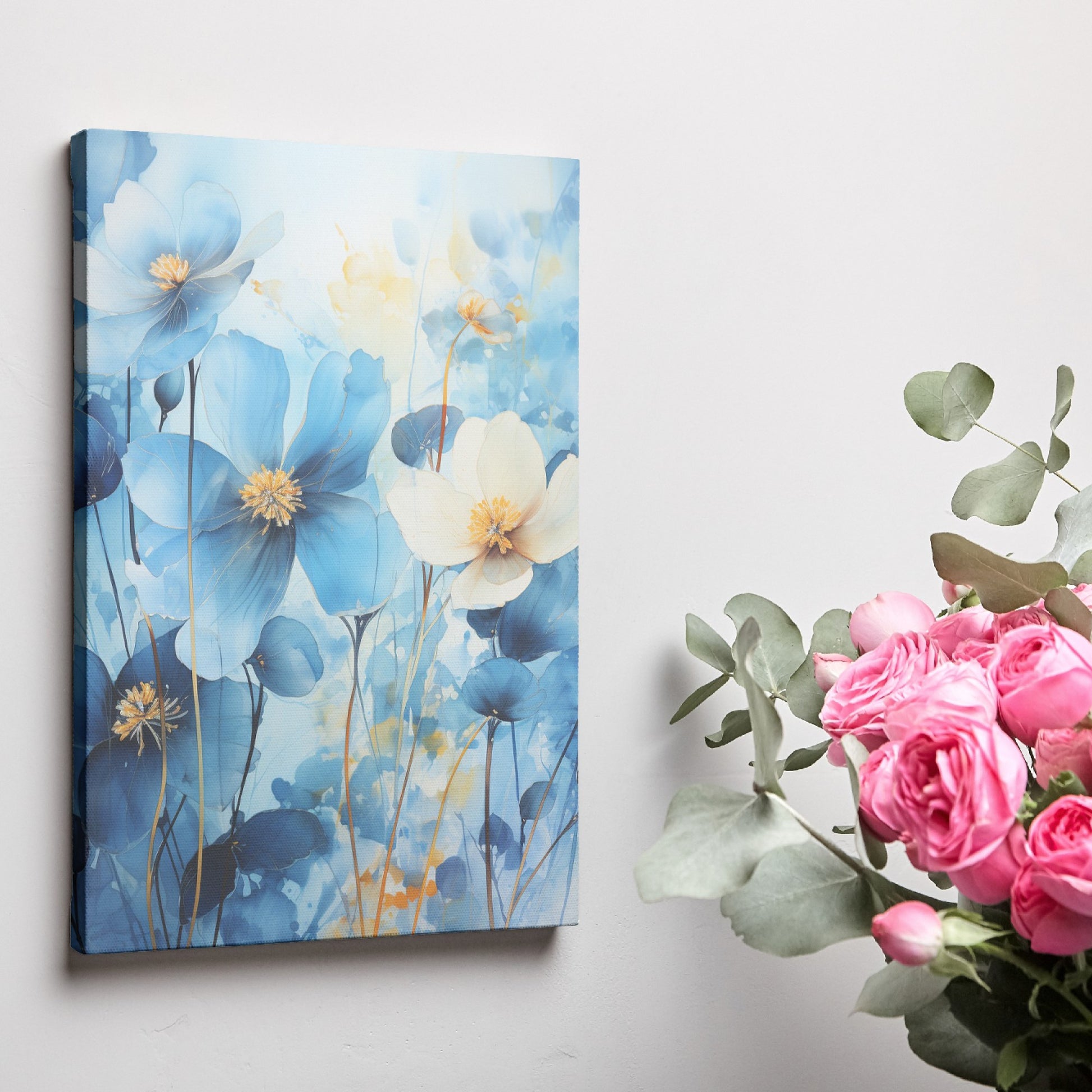 Framed canvas print of abstract blue and golden watercolour floral art