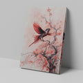 Watercolour artwork of a red-feathered bird in flight near a black cherry blossom tree