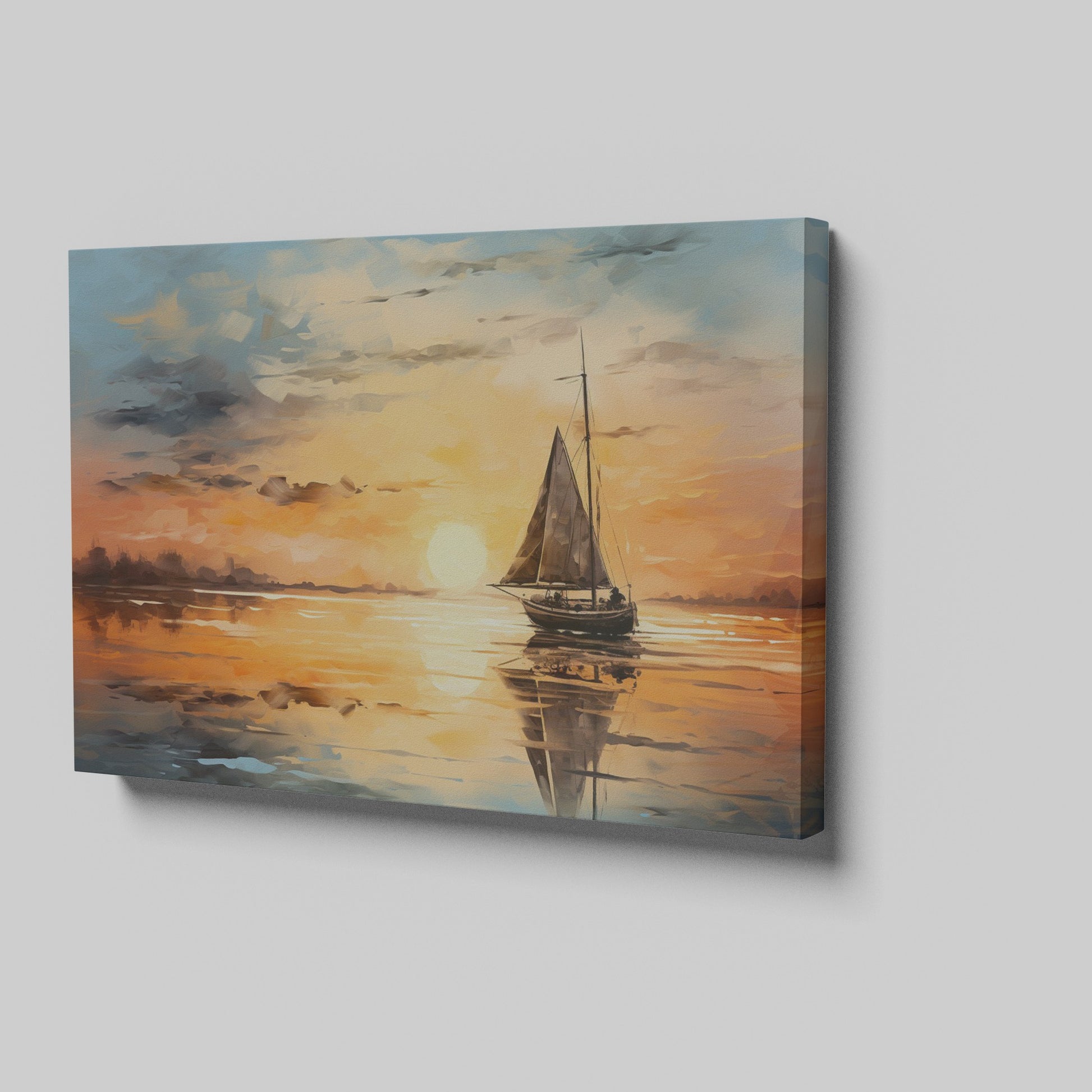 Framed canvas print of sailboat against golden sunset with peaceful ocean reflection