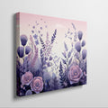 Framed canvas print of stylised floral meadow with pastel purple and pink tones