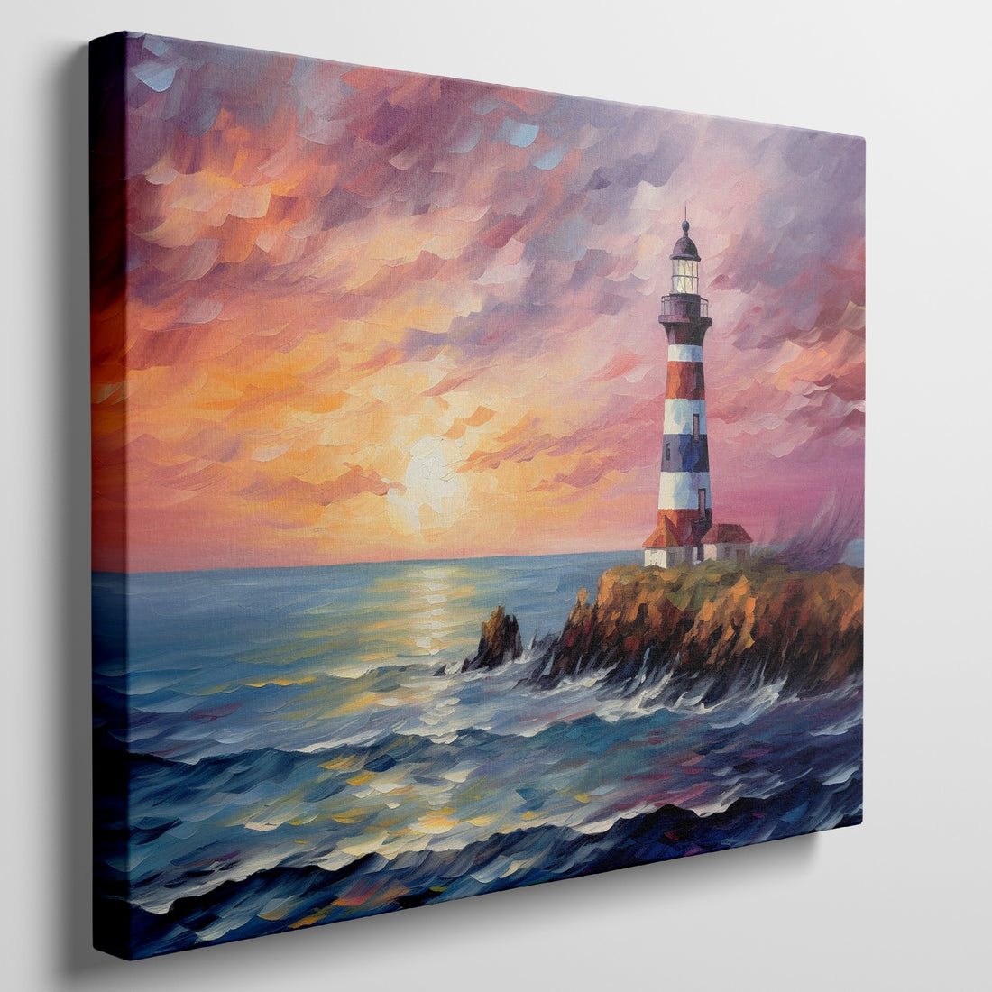 Impressionist painting of a lighthouse with red and white stripes at sunset, with colourful sky and sea