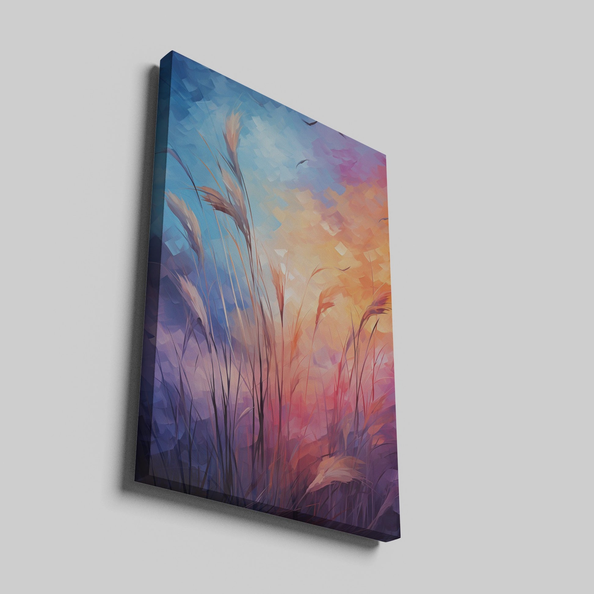 Framed canvas print of stylised grass with abstract, colourful geometric background