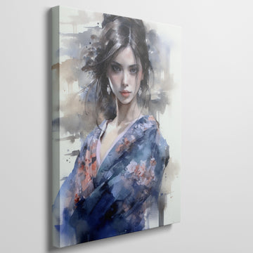 Framed canvas print of a watercolor painting depicting an elegant Geisha in a floral kimono