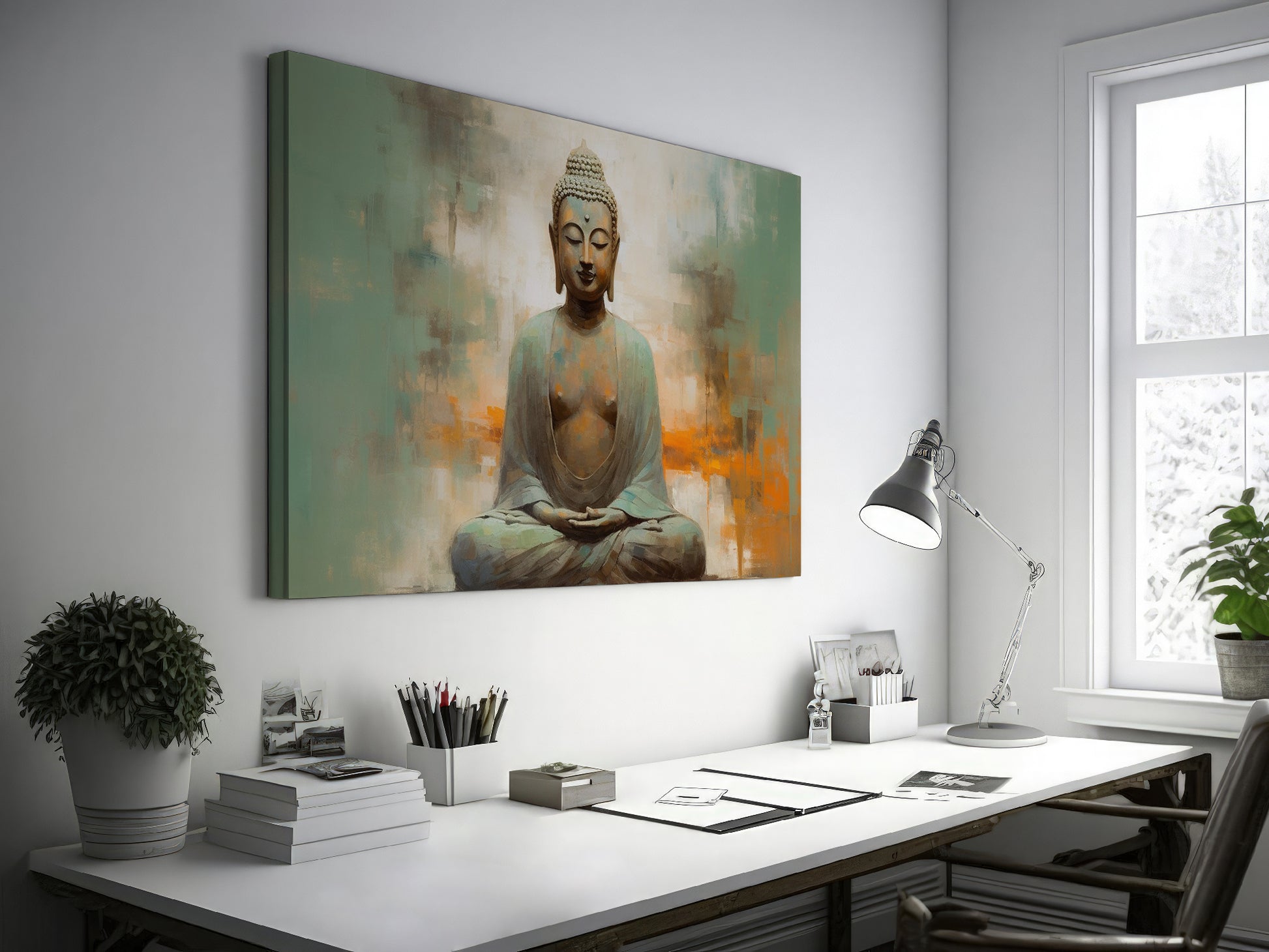 Framed canvas print of serene Buddha in meditation with abstract earthy background