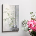 Realistic canvas art of green bamboo leaves and ceramic pots against grey background