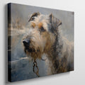 Framed canvas print of an impressionistic painting depicting a detailed and textured dog portrait with warm tones