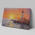 Framed canvas print of a vibrant impasto painting of a lighthouse at sunset with dynamic sea waves and a warm sky