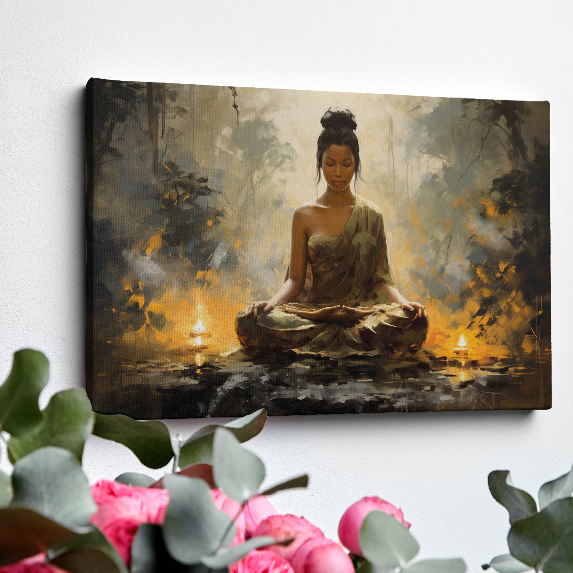 Framed canvas print of serene woman in meditation with warm, golden hues