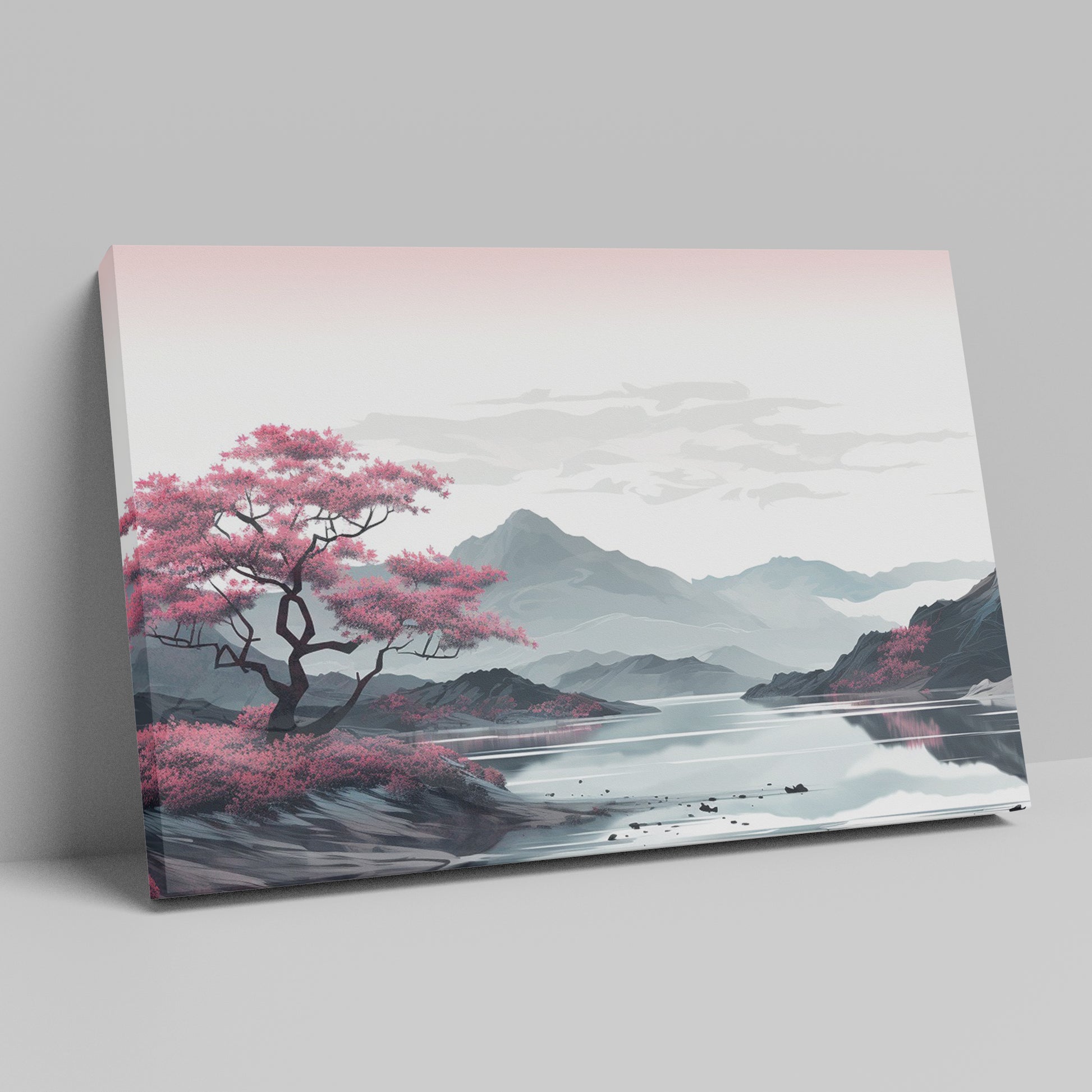 Framed canvas print of an oriental cherry blossom beside a reflective lake with mountain backdrop