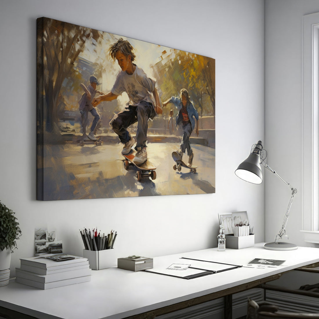 Framed canvas print capturing the movement and energy of young skateboarders at a sunlit urban skatepark