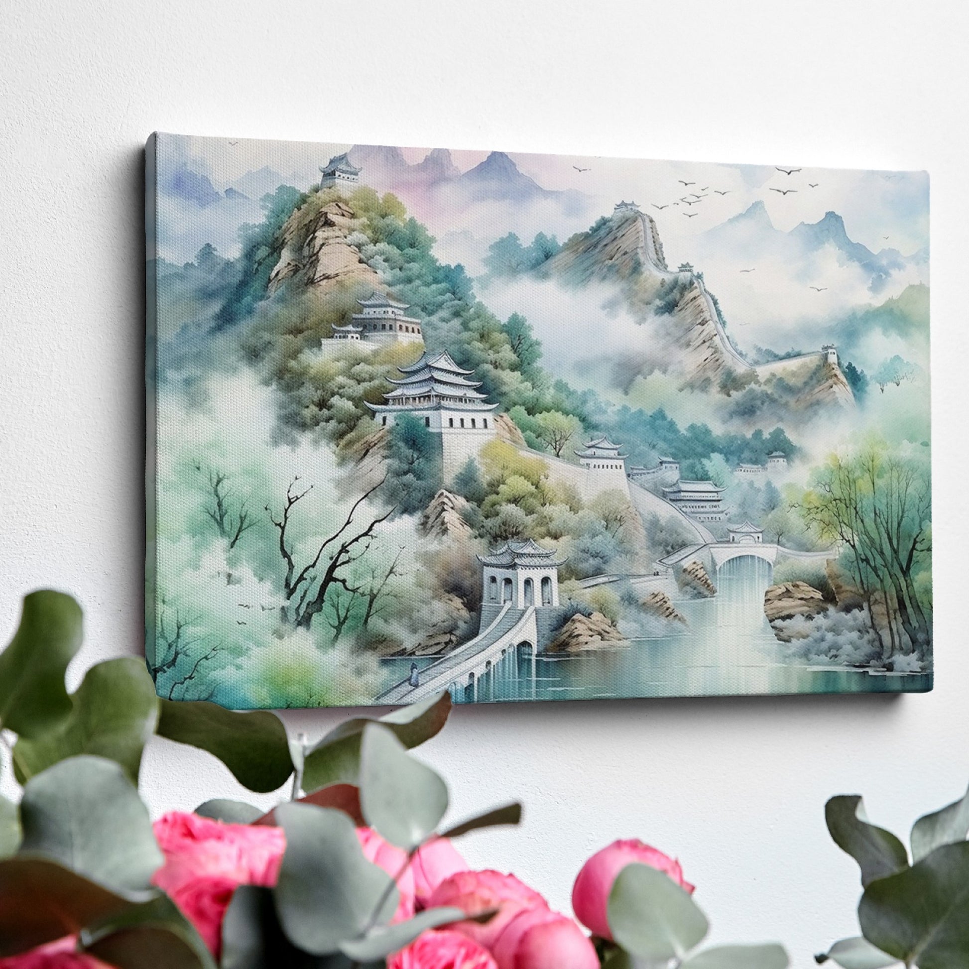 Framed canvas print of a tranquil Chinese landscape with misty mountains and historical architecture