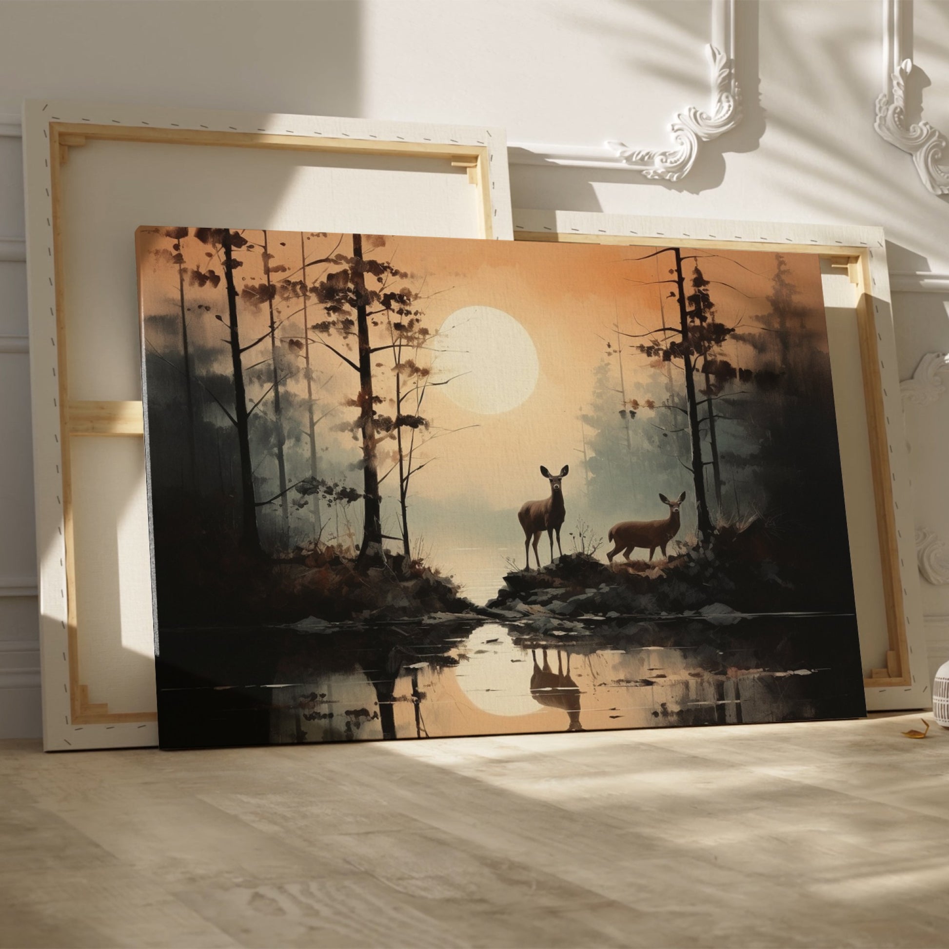 Framed canvas print of serene forest scenery with deer and sunset