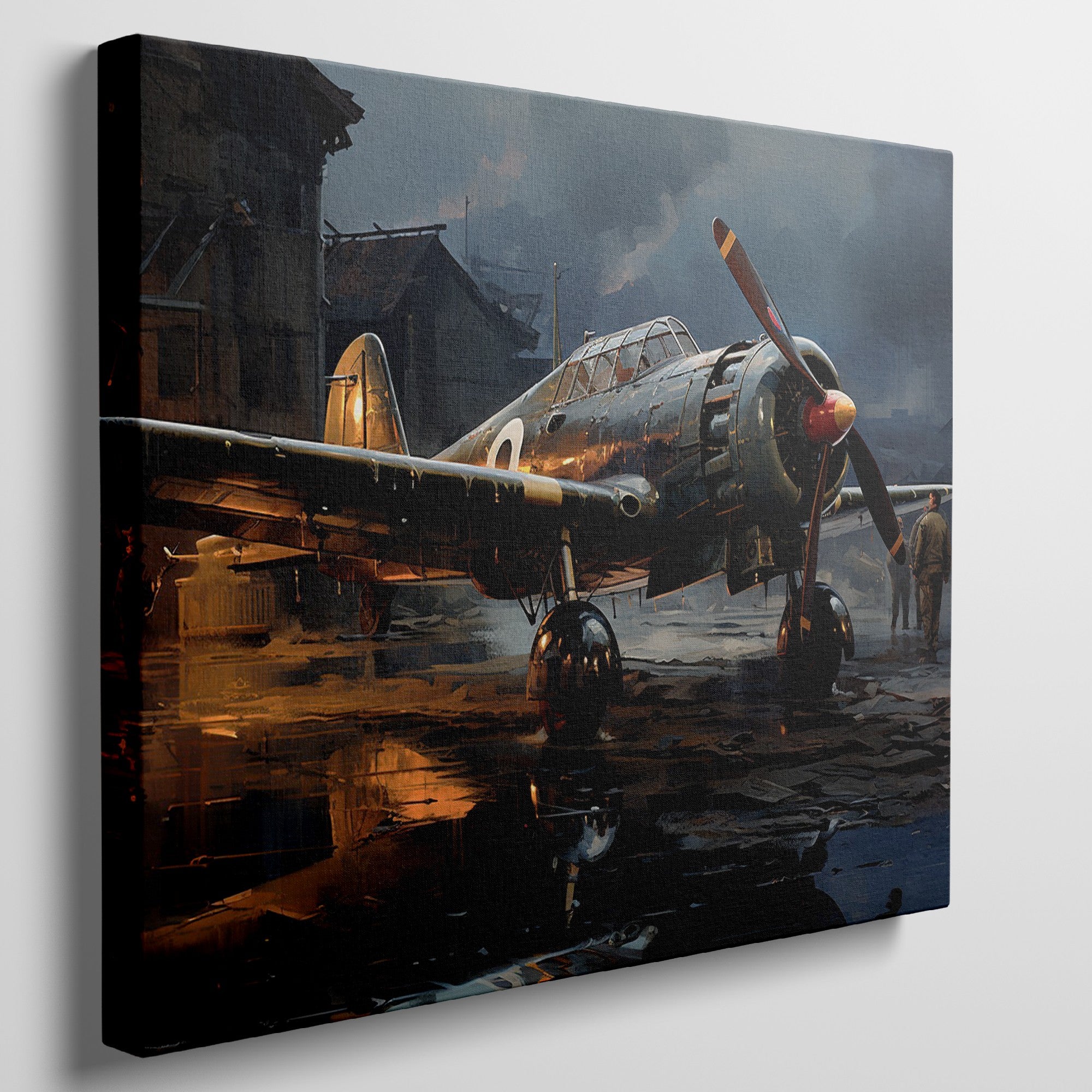 Framed canvas print of a vintage WWII fighter plane on a reflective rainy tarmac