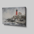 Red lighthouse on stormy cliff with ocean waves and birds, in a painted style