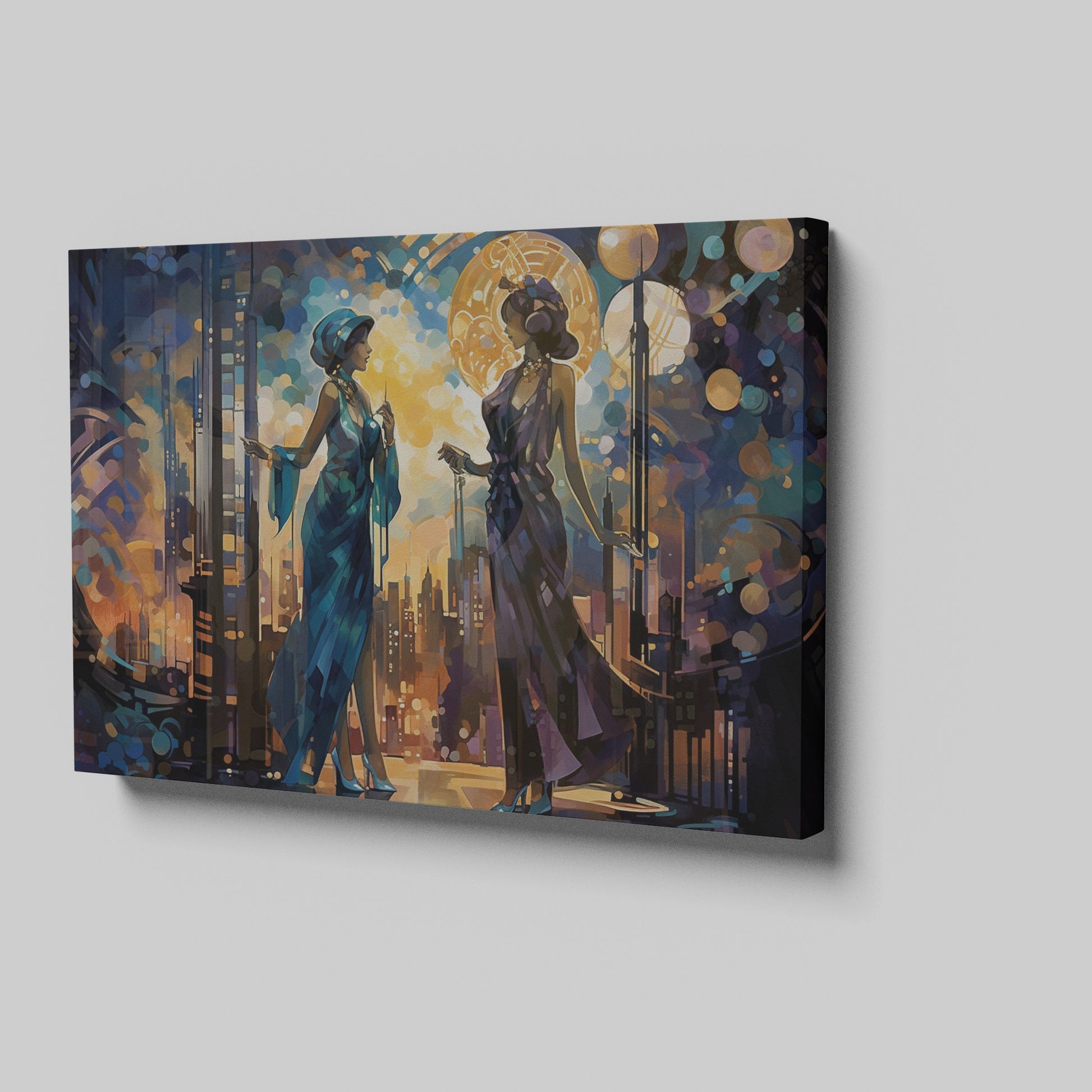 Art Deco-inspired artwork featuring two elegant figures in an urban sunset cityscape