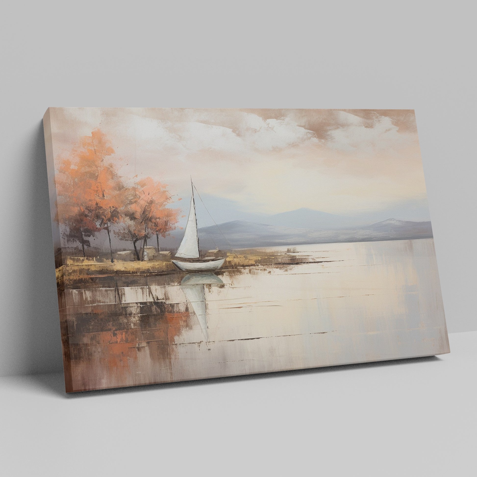 Framed canvas print of an impressionist painting with a sailing boat and autumn trees by a lake