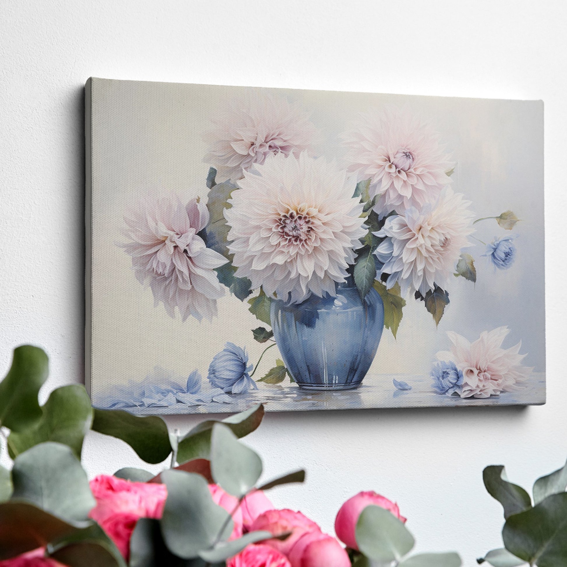 Framed canvas print of realistic dahlia flowers in a vintage blue vase with soft pastel tones