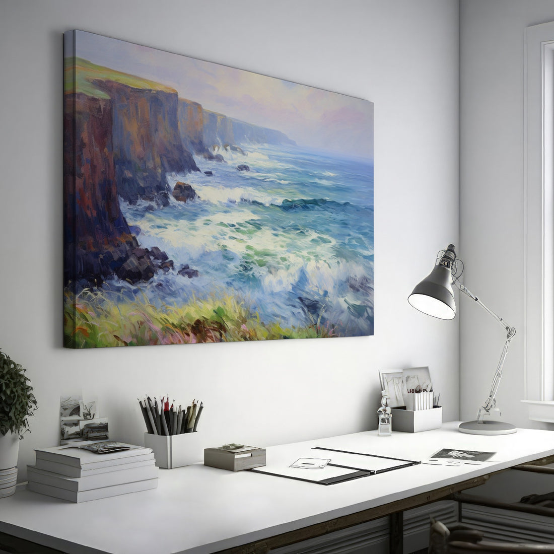 Framed canvas print of a vibrant impressionist seascape with cliffs and ocean waves