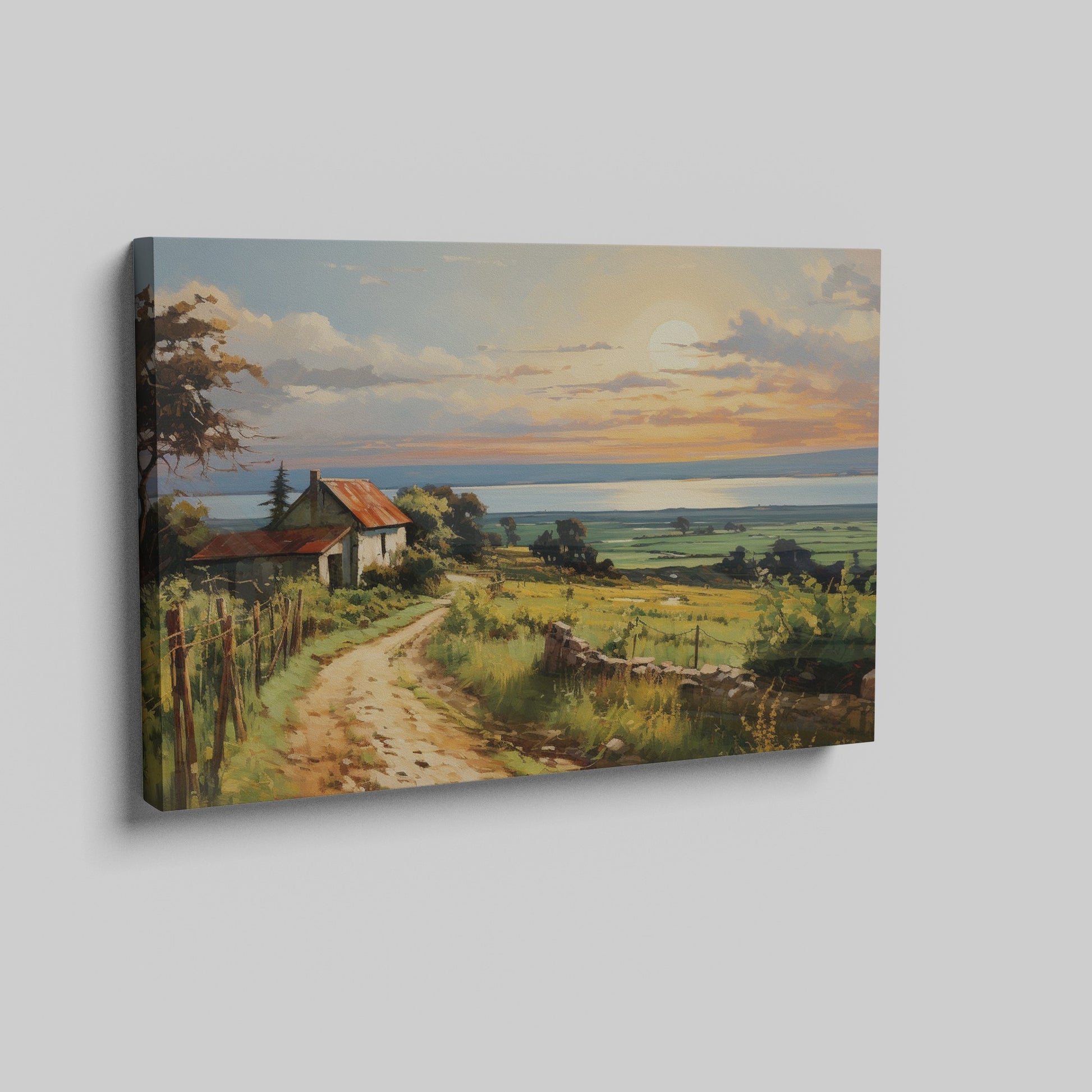 Framed canvas print of a rustic farmhouse and path leading to a sunset over the sea