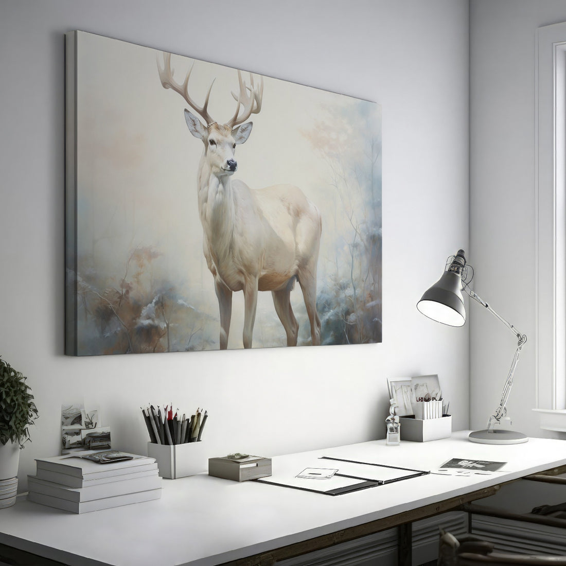 Framed canvas print of a majestic stag in a foggy autumn forest with neutral and warm tones