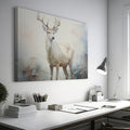 Framed canvas print of a majestic stag in a foggy autumn forest with neutral and warm tones