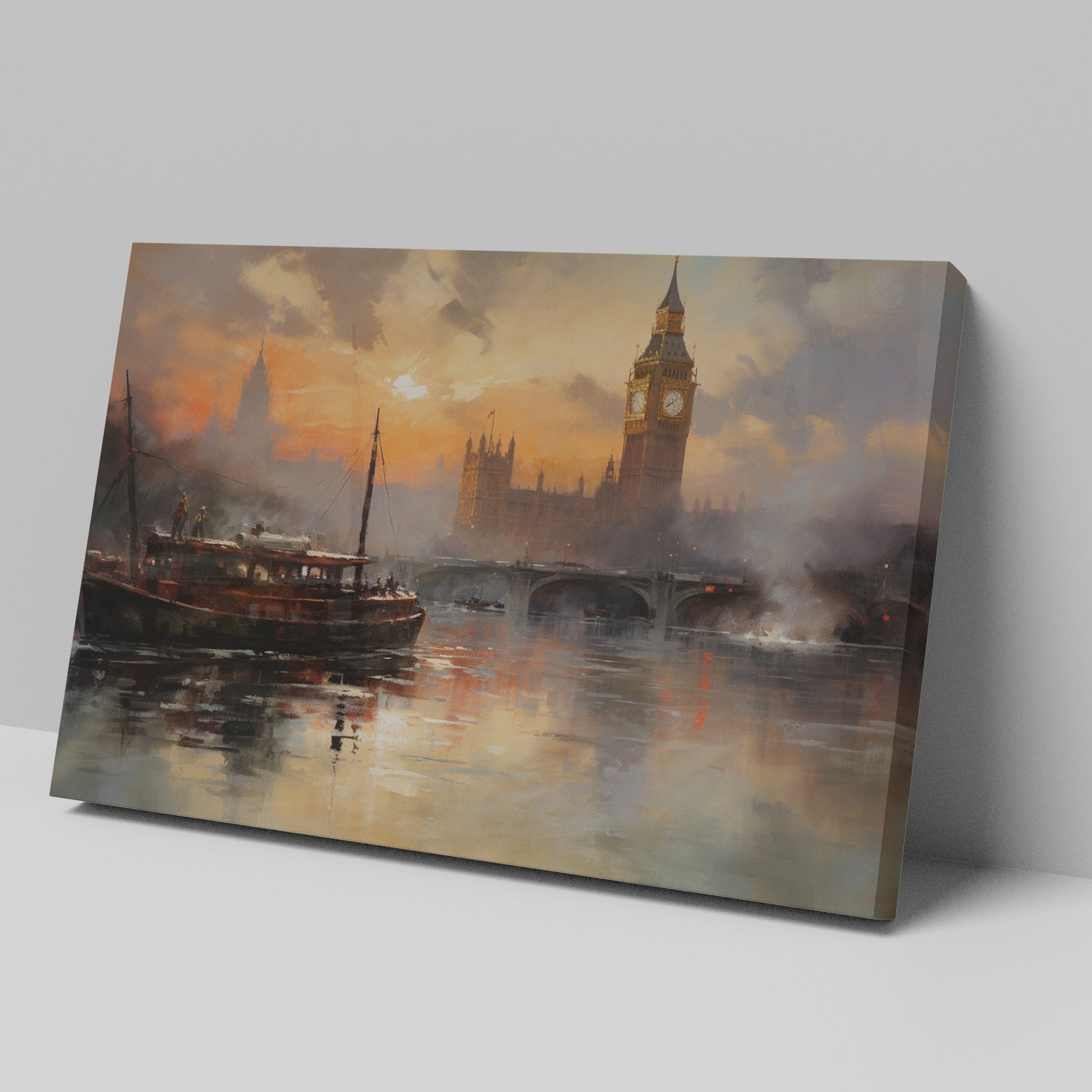 Framed canvas print of London's Big Ben and River Thames at sunset with warm orange hues