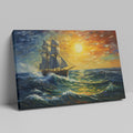 Framed canvas print of an impressionist painting featuring a sailing ship on vibrant sunset seas