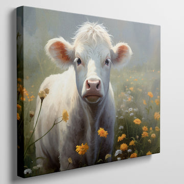 Framed canvas print of a serene cow surrounded by a vibrant wildflower meadow