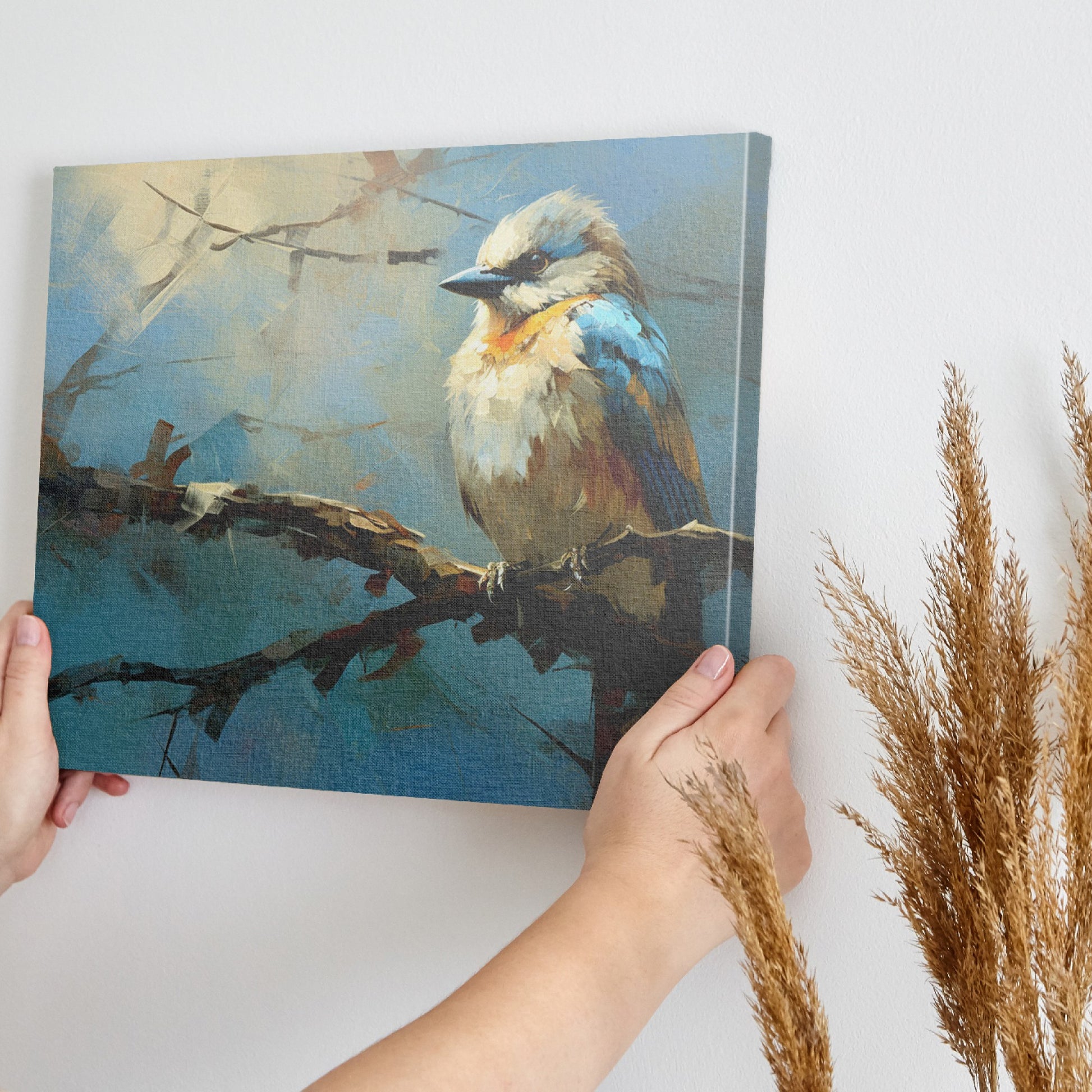 Framed canvas print of a vibrant impressionistic blue bird on a branch with a textured background