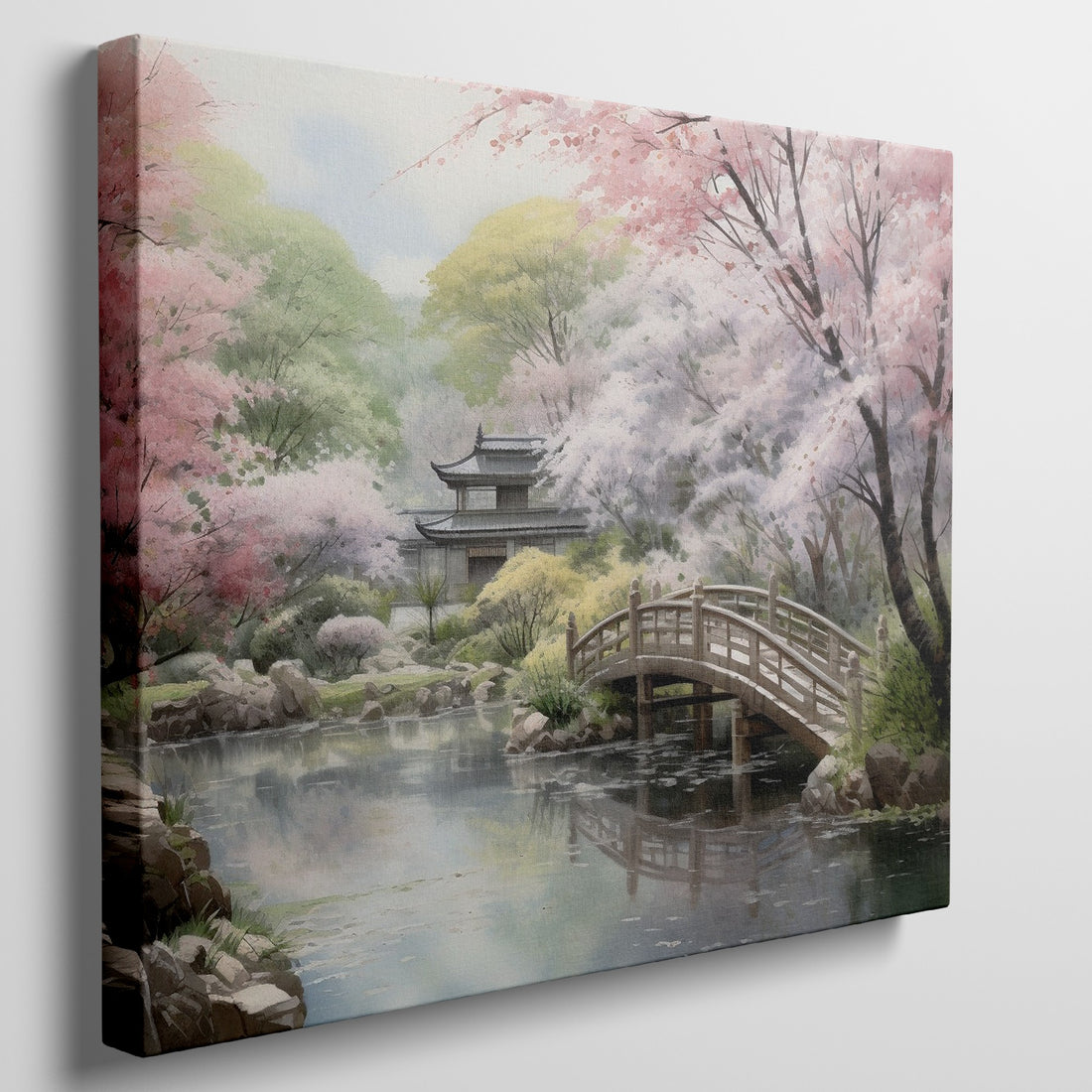 Framed canvas print of a serene Japanese garden with cherry blossoms and traditional architecture