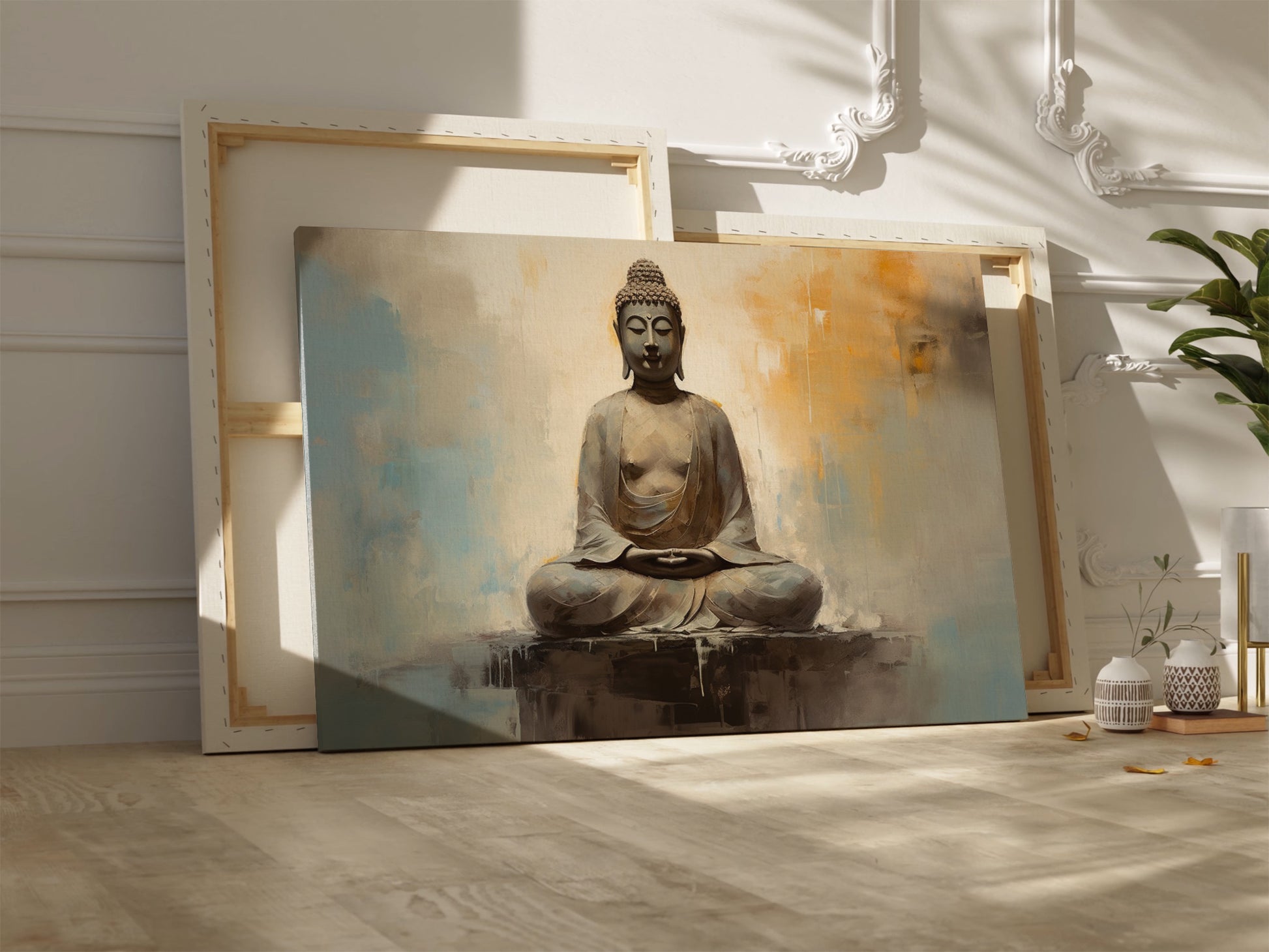 Framed canvas print of a serene Buddha in meditative pose with abstract warm and neutral tones