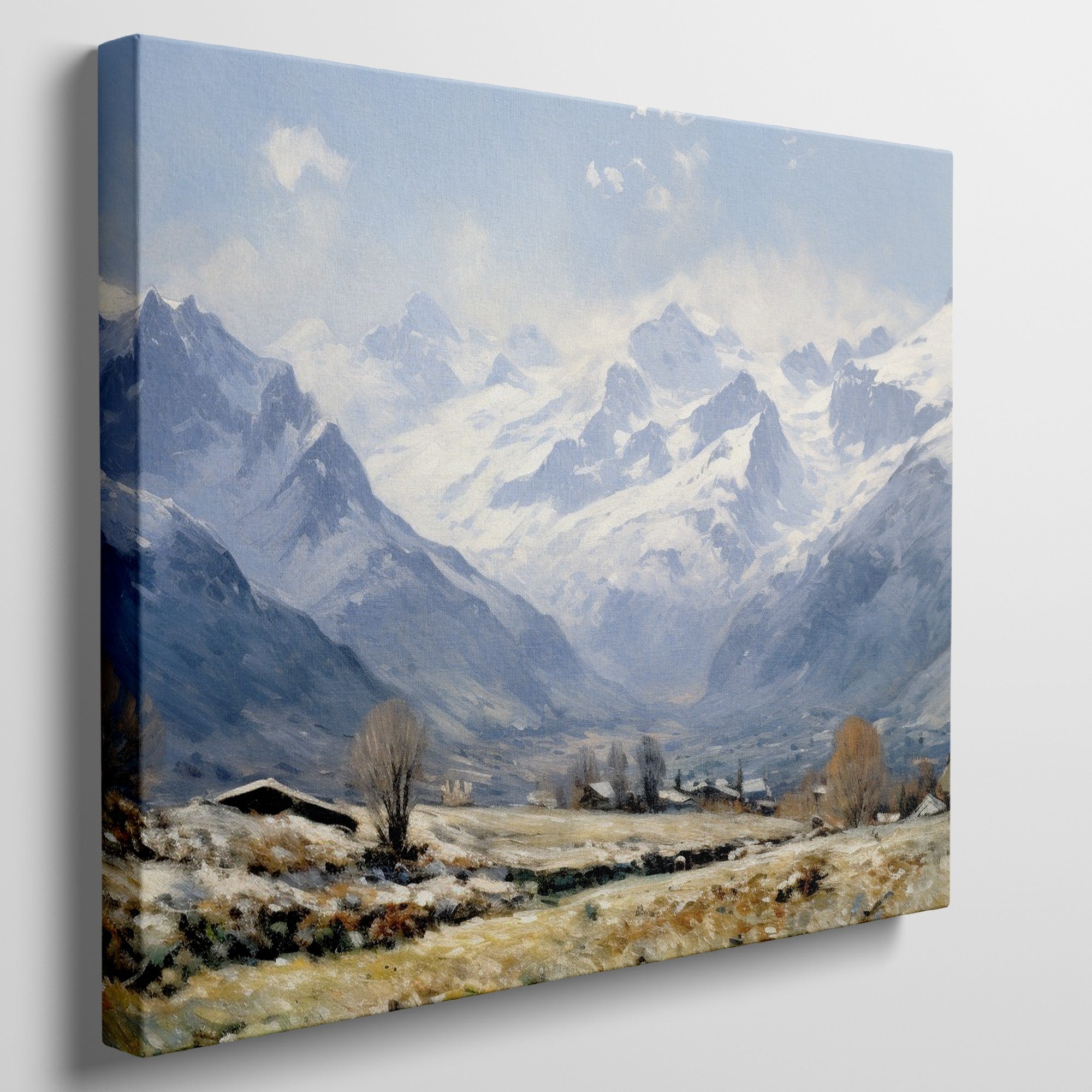 Framed canvas print of an impressionist painting featuring a snowy mountain landscape with an alpine village