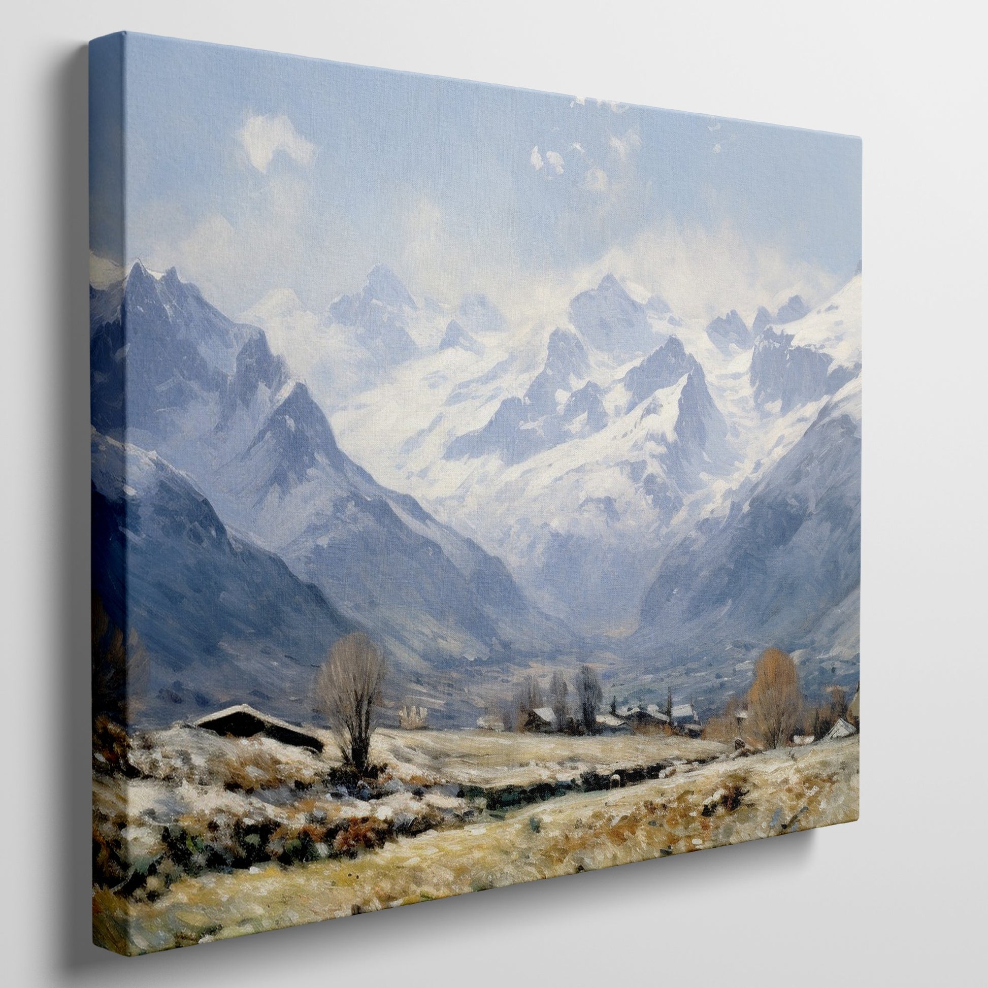 Framed canvas print of an impressionist painting featuring a snowy mountain landscape with an alpine village