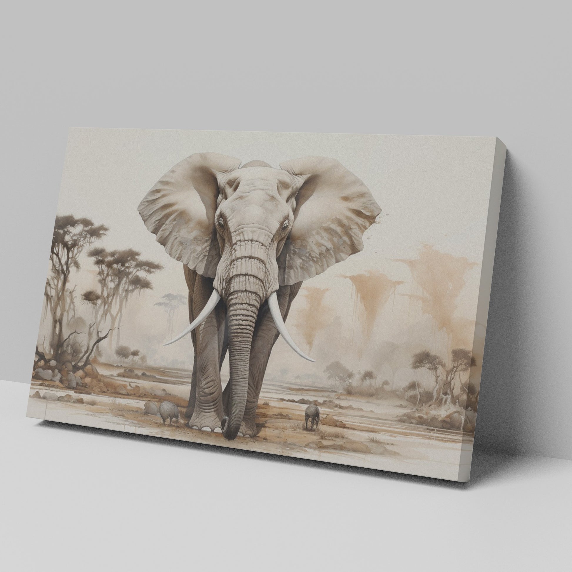 Framed canvas print of a realistic African elephant in a savannah landscape with acacia trees and soft beige tones