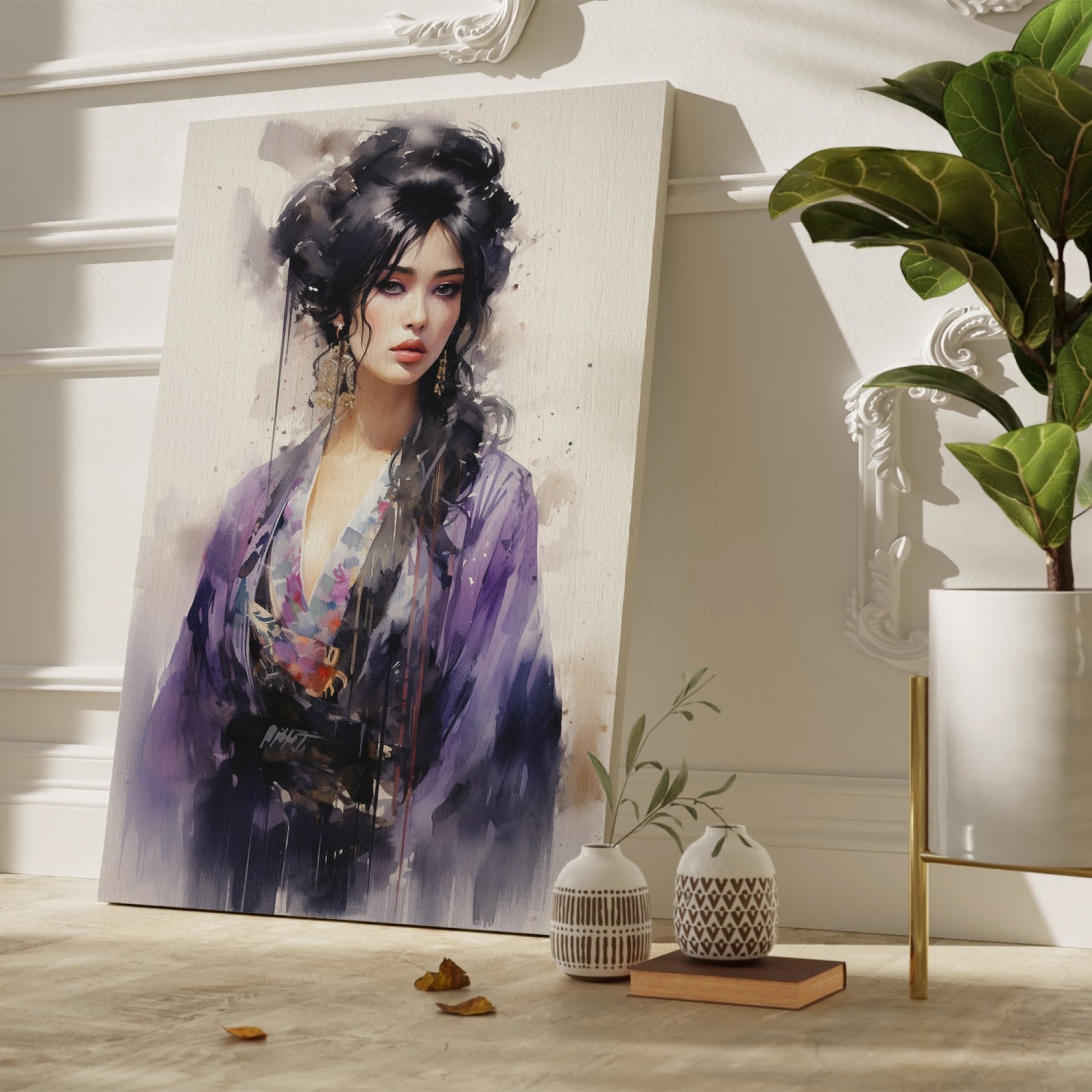 Watercolor portrait of a woman in a purple kimono with expressive eyes and artistic splashes