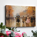 Framed canvas print of a Victorian-era Parisian boulevard in autumn with elegantly dressed figures and a horse-drawn carriage