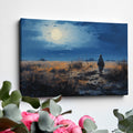 Framed canvas print of a digital painting featuring a cowboy silhouette against a vibrant sunset landscape