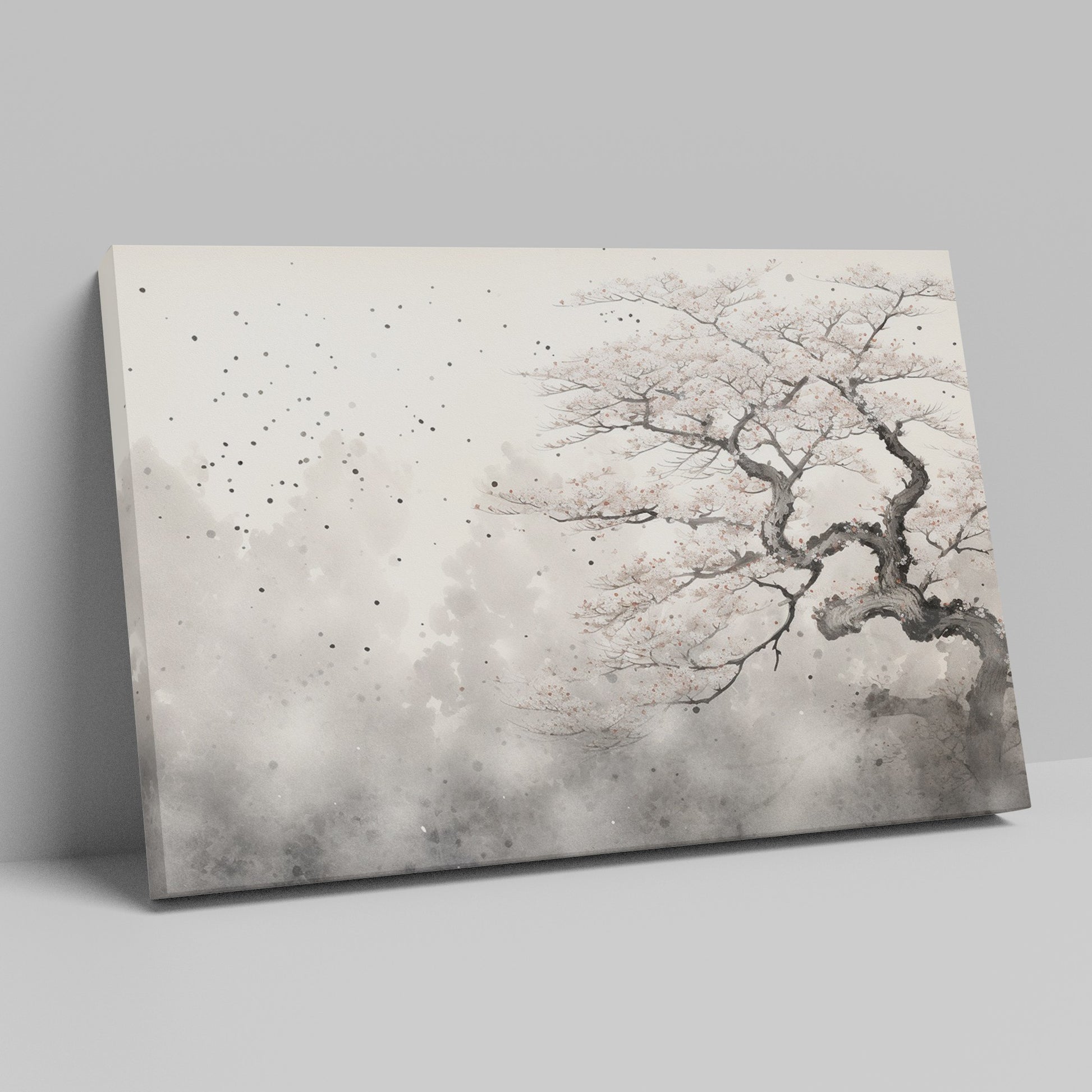 Framed canvas print of cherry blossom tree with ink wash effect