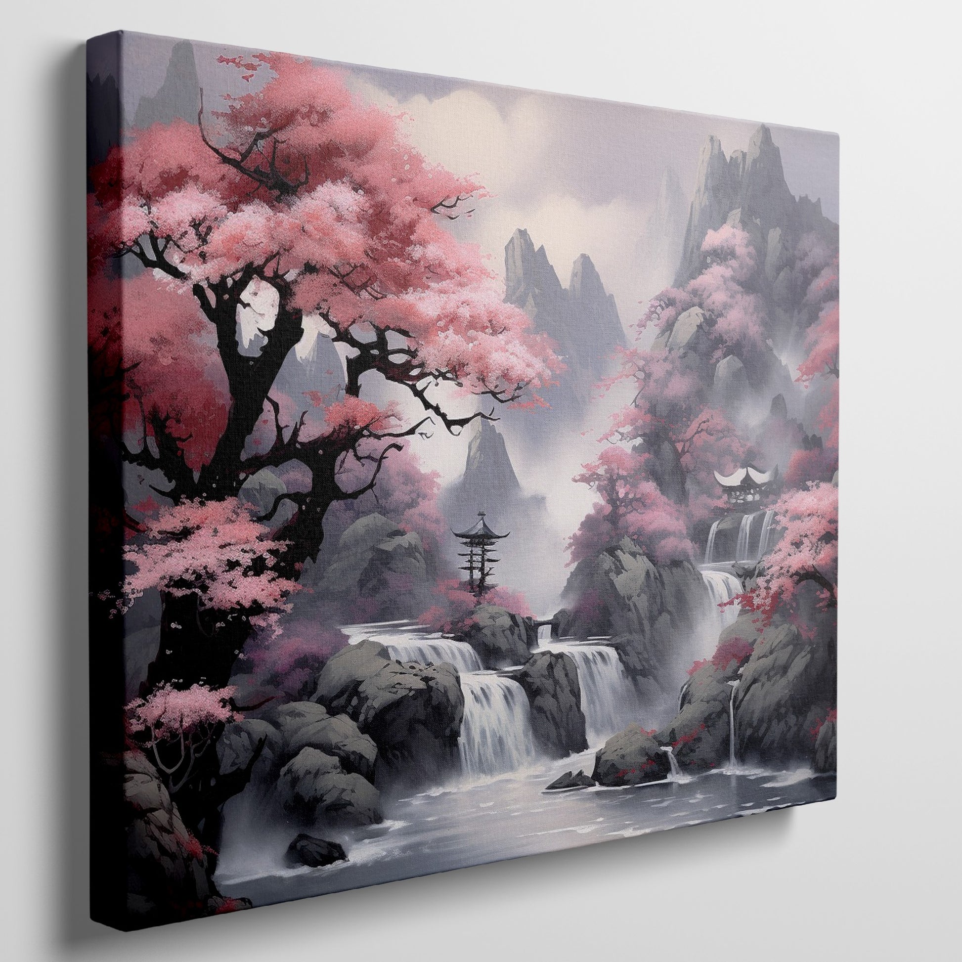 Framed canvas print of a mystic Eastern landscape with cherry blossoms and a mountain waterfall