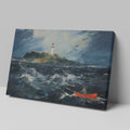 Framed canvas print of a stormy sea with a lighthouse on a cliff and a small boat navigating the waves